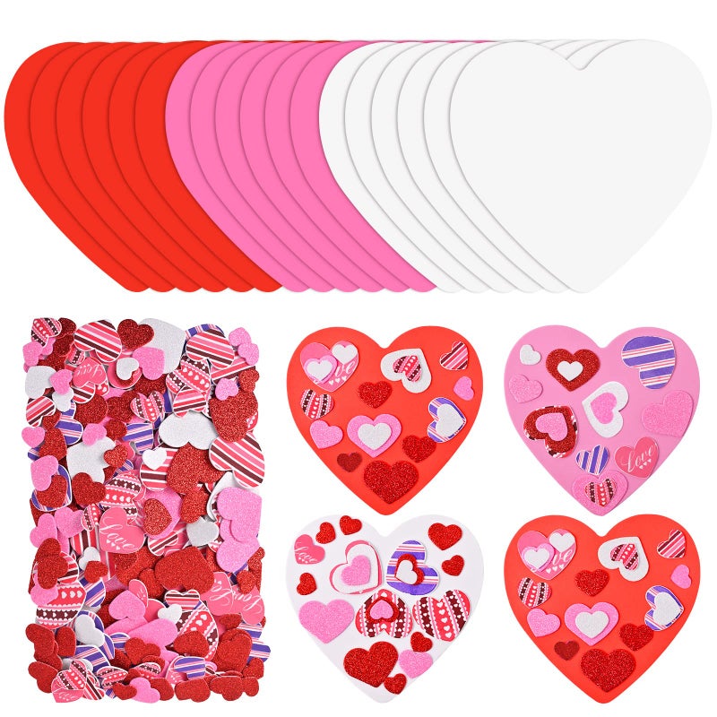 388 Pieces Valentines Day Foam Heart Stickers Kit Includes 18 Pcs Colorful Large Foam Hearts and 370 Pcs Glitter SelfAdhesive Heart Stickers for Valentines Day DIY Craft Supplies