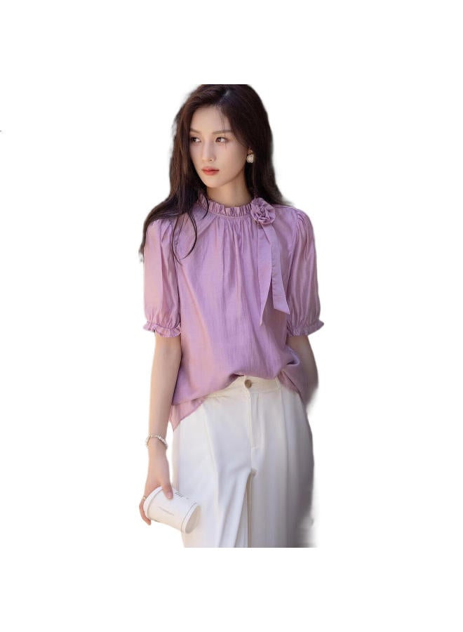 dme Demana [Monet Garden] Summer Breathable Lyocell Tencel Shirt, Lotus Leaf Collar, Detachable 3D Floral Blouse For Women - Image 1