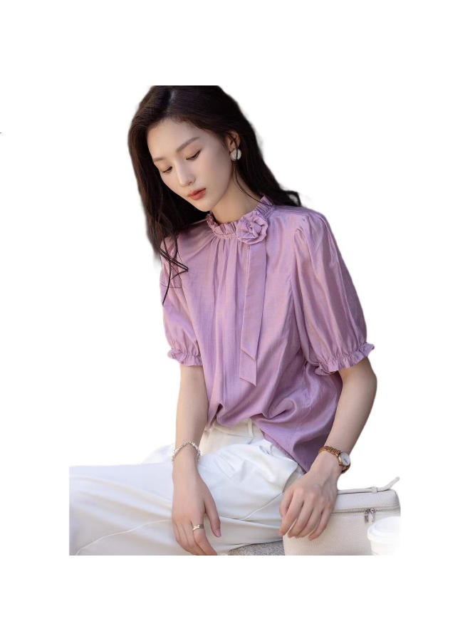 dme Demana [Monet Garden] Summer Breathable Lyocell Tencel Shirt, Lotus Leaf Collar, Detachable 3D Floral Blouse For Women - Image 2