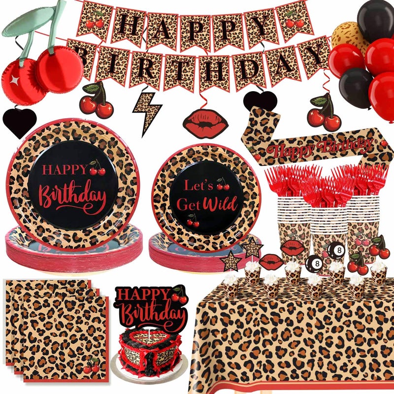 Heboland Red Cheetah Print Birthday Party Decorations Pack, 25 Guests Y2K Cherry Leopard Print Includes Cardstock Plates Tablecloth Banner Hanging Swirls Balloons Cake Topper for Girls Women Big Mama - Image 1