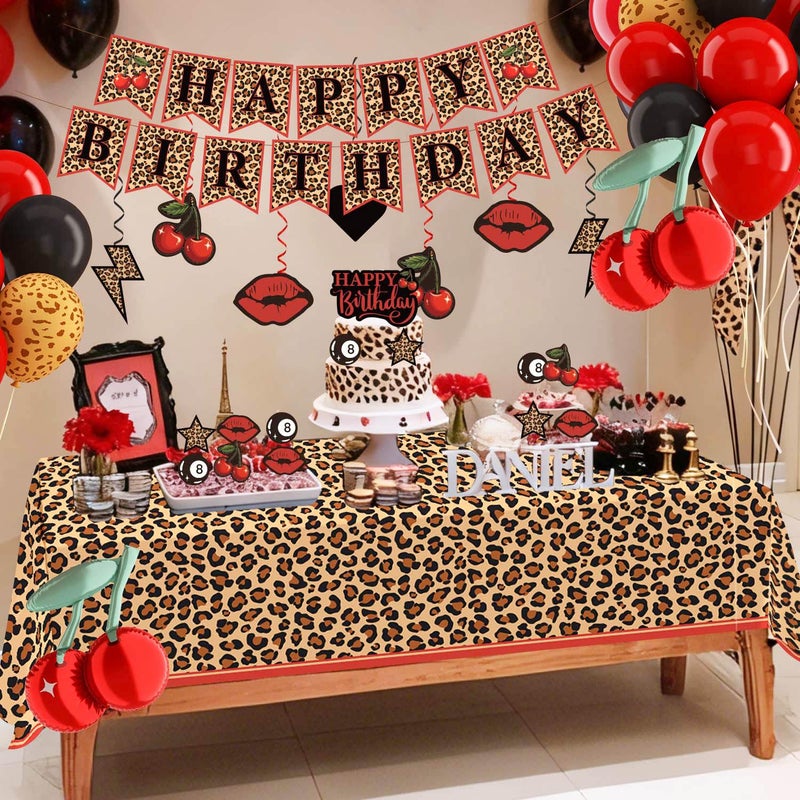 Heboland Red Cheetah Print Birthday Party Decorations Pack, 25 Guests Y2K Cherry Leopard Print Includes Cardstock Plates Tablecloth Banner Hanging Swirls Balloons Cake Topper for Girls Women Big Mama - Image 3