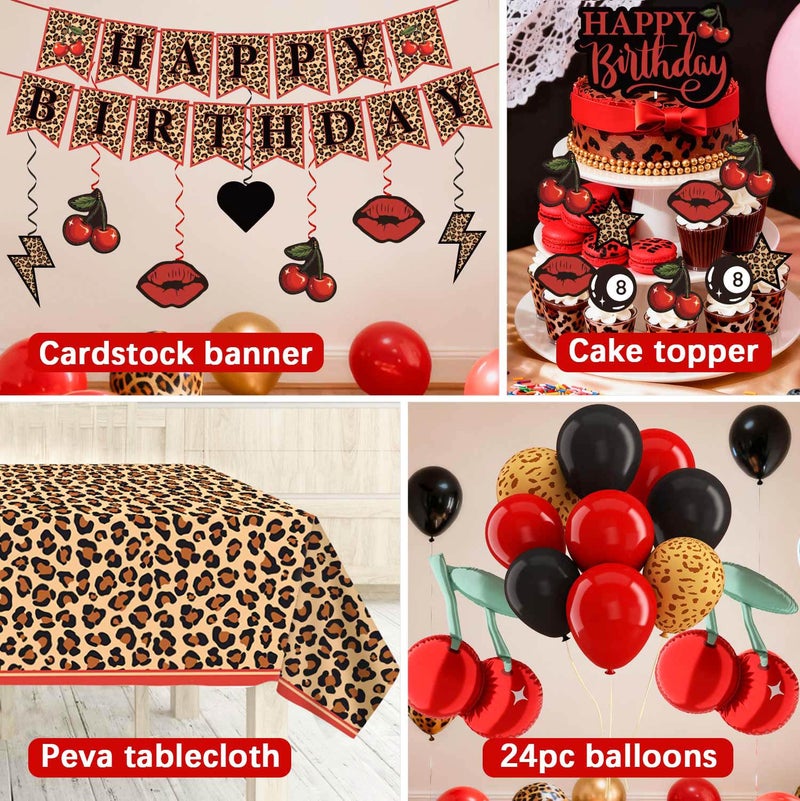 Heboland Red Cheetah Print Birthday Party Decorations Pack, 25 Guests Y2K Cherry Leopard Print Includes Cardstock Plates Tablecloth Banner Hanging Swirls Balloons Cake Topper for Girls Women Big Mama - Image 5