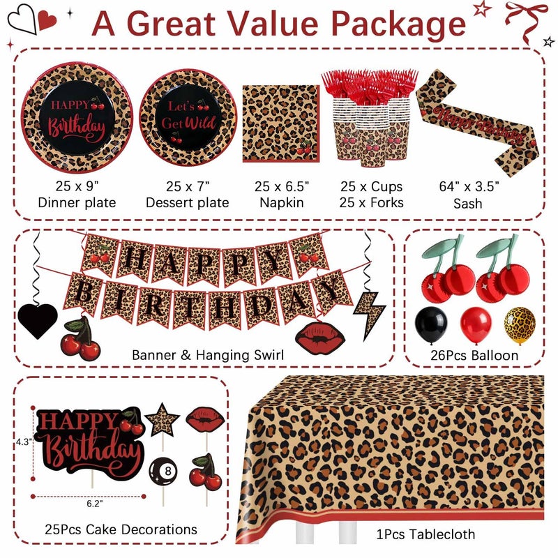 Heboland Red Cheetah Print Birthday Party Decorations Pack, 25 Guests Y2K Cherry Leopard Print Includes Cardstock Plates Tablecloth Banner Hanging Swirls Balloons Cake Topper for Girls Women Big Mama - Image 4