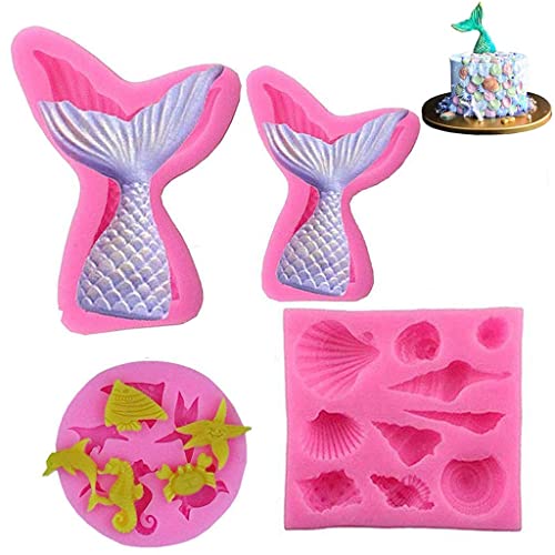 HASTHIP® 4 Pieces Mermaid Tail Silicone Mould, Chocolate Fondant Silicone Moulds 3D Mermaid Icing Moulds Seashell Cake Soap Moulds for Soap Making - Image 1