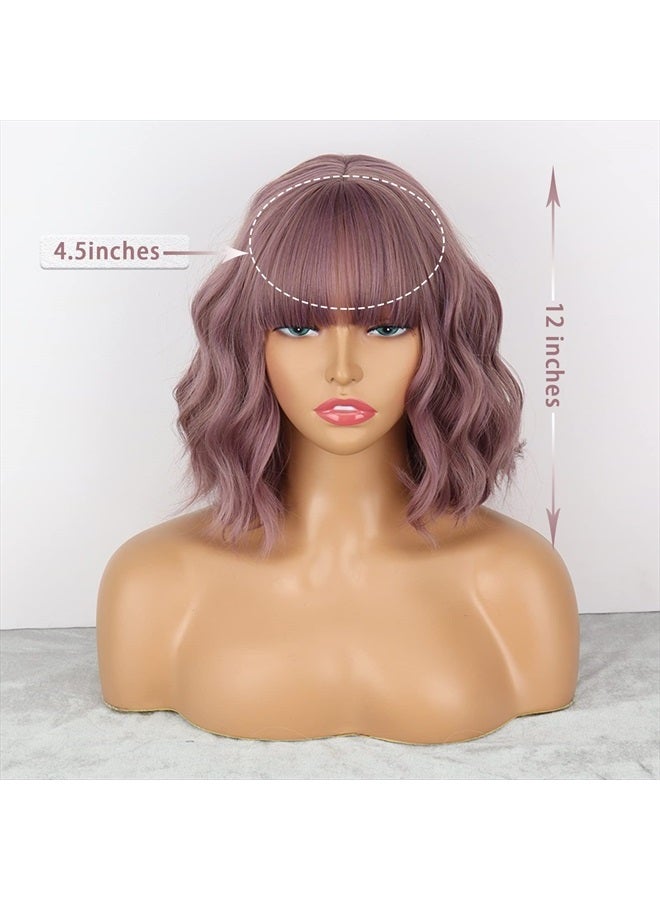 MISSQUEEN Short Wavy Wigs for Women,Synthetic Cute Purple Wavy Wigs with Bangs,14inch Natural Curly Synthetic Women Bob Wig(Purple) - Image 2
