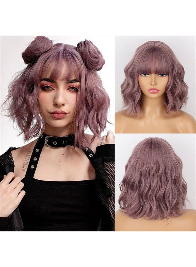 MISSQUEEN Short Wavy Wigs for Women,Synthetic Cute Purple Wavy Wigs with Bangs,14inch Natural Curly Synthetic Women Bob Wig(Purple) - Image 1