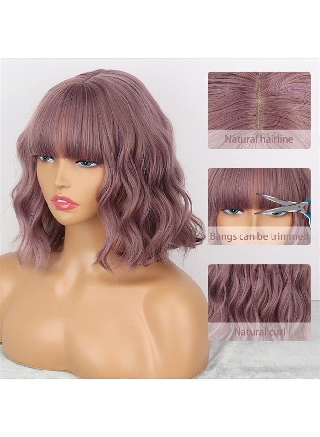 MISSQUEEN Short Wavy Wigs for Women,Synthetic Cute Purple Wavy Wigs with Bangs,14inch Natural Curly Synthetic Women Bob Wig(Purple) - Image 3