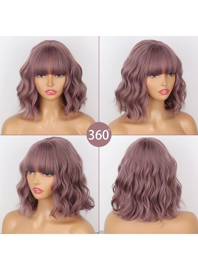 MISSQUEEN Short Wavy Wigs for Women,Synthetic Cute Purple Wavy Wigs with Bangs,14inch Natural Curly Synthetic Women Bob Wig(Purple) - Image 5