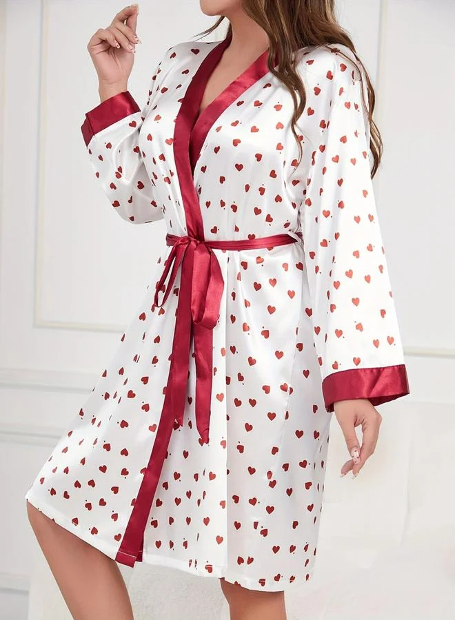Take Two  Plus Size Heart Print Satin Robe with Belt for Women | Best Price UAE