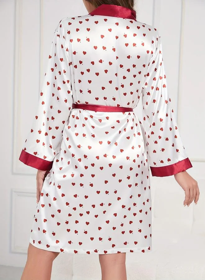 Take Two  Plus Size Heart Print Satin Robe with Belt for Women | Best Price UAE
