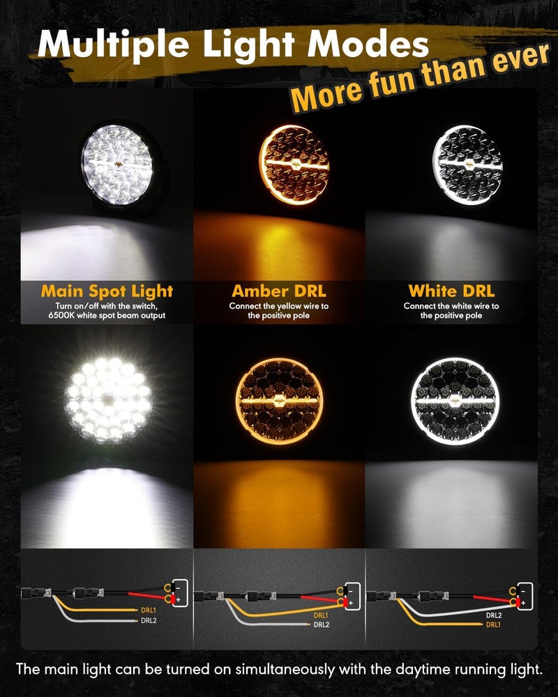 Auxbeam RAY-L Series 9 Inch LED Off-Road Lights, Amber White DRL 3 Modes, 318W 34180LM Round Offroad Lighting, Spot Beam Automotive Light Bar, for 4x4 Truck SUV ATV UTV, Pair - Image 4
