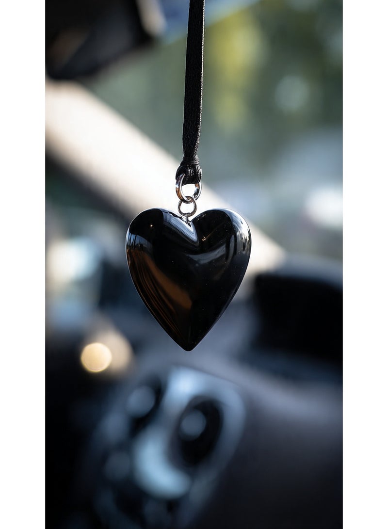 Natural Black Onyx Heart Car Mirror Hanger, Decorative Pendant with Cord, Rearview Mirror Accessory - Image 2