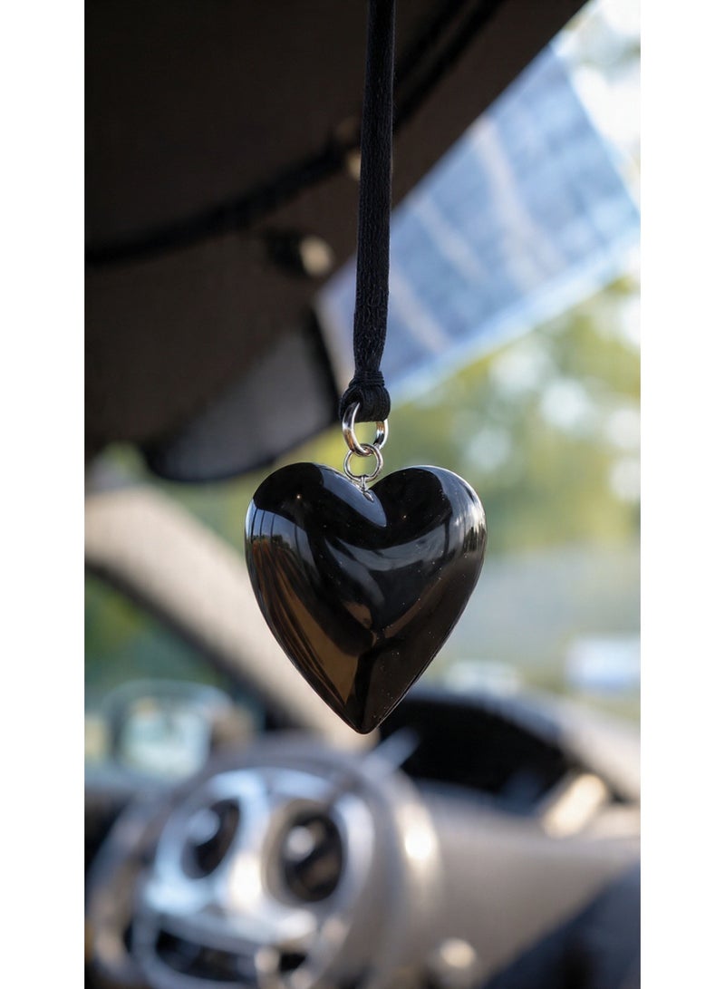 Natural Black Onyx Heart Car Mirror Hanger, Decorative Pendant with Cord, Rearview Mirror Accessory - Image 1