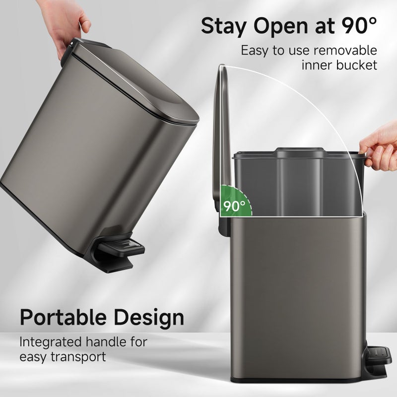 TIPGO Slim Bathroom Trash Can with Lid Soft Close, 6 Liter / 1.6 Gallon Stainless Steel Garbage Can with Removable Inner Bucket, Step Pedal, Small Trash Cans for Bedroom, Office, Kitchen (Black Gold) - Image 2