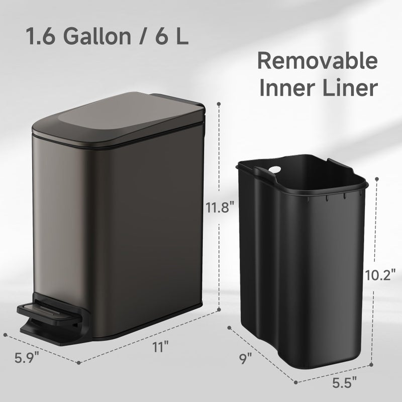 TIPGO Slim Bathroom Trash Can with Lid Soft Close, 6 Liter / 1.6 Gallon Stainless Steel Garbage Can with Removable Inner Bucket, Step Pedal, Small Trash Cans for Bedroom, Office, Kitchen (Black Gold) - Image 4