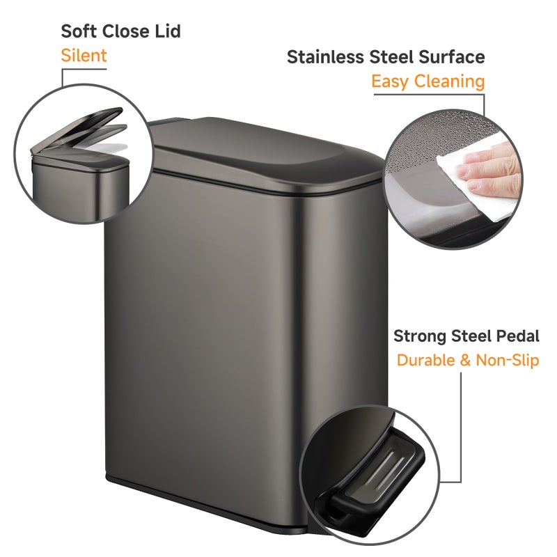 TIPGO Slim Bathroom Trash Can with Lid Soft Close, 6 Liter / 1.6 Gallon Stainless Steel Garbage Can with Removable Inner Bucket, Step Pedal, Small Trash Cans for Bedroom, Office, Kitchen (Black Gold) - Image 3
