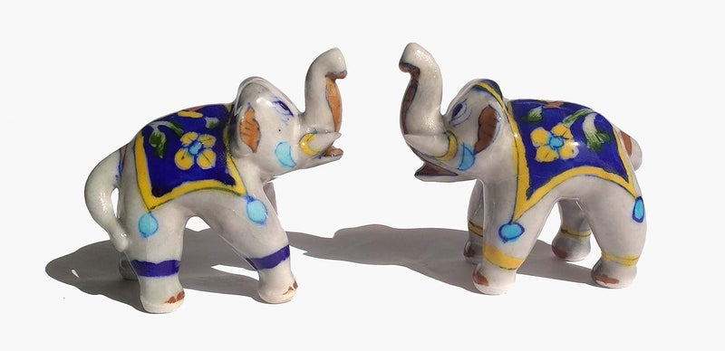 Shiv Kripa Blue Pottery Ceramic Decorative Elephants Set of 2