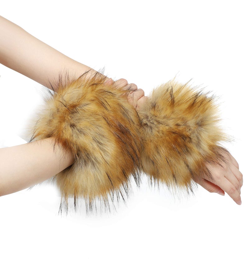 LA CARRIE Women's Leopard Print Faux Fur Wrist Cuffs,Winter Fox Furry Bands Arm Warmer (Nature) - Image 3