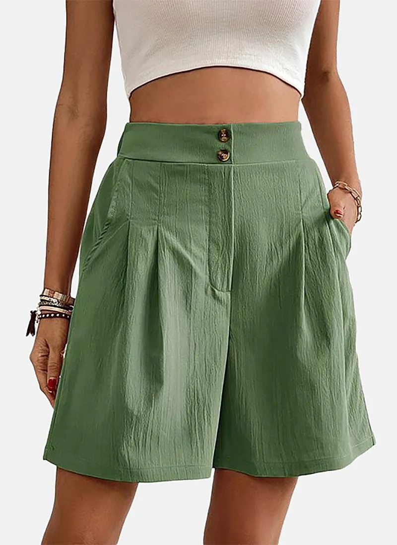 يونيكي Green Mid Rise Soild Relaxed Fit Shorts