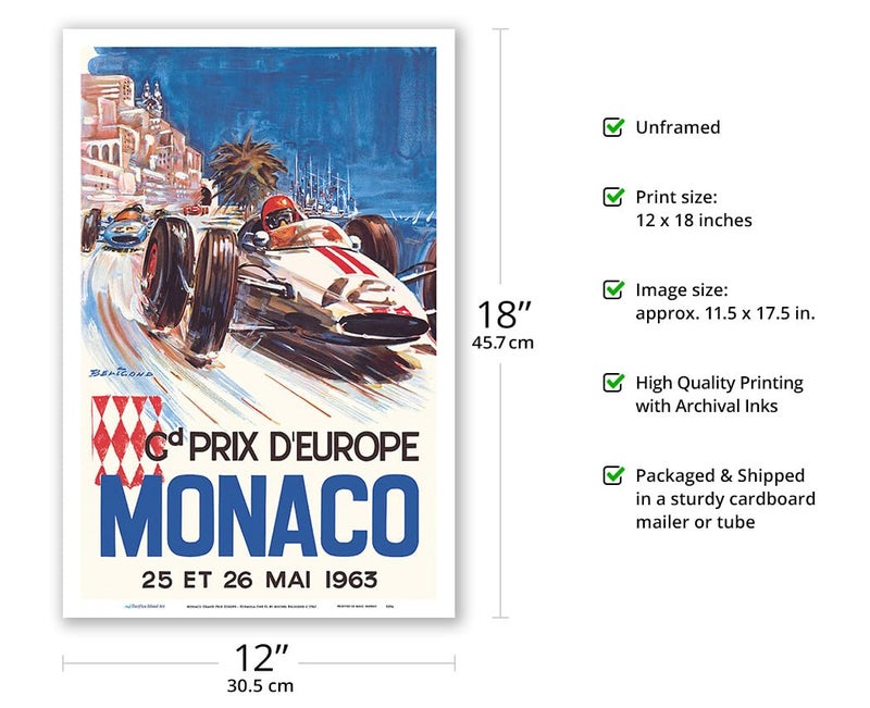 Pacifica Island Art Monaco Grand Prix Europe (Gd Prix D’Europe) - Vintage Car Racing Poster by Michel Beligond c.1963 - Master Art Print (Unframed) 12in x 18in - Image 2