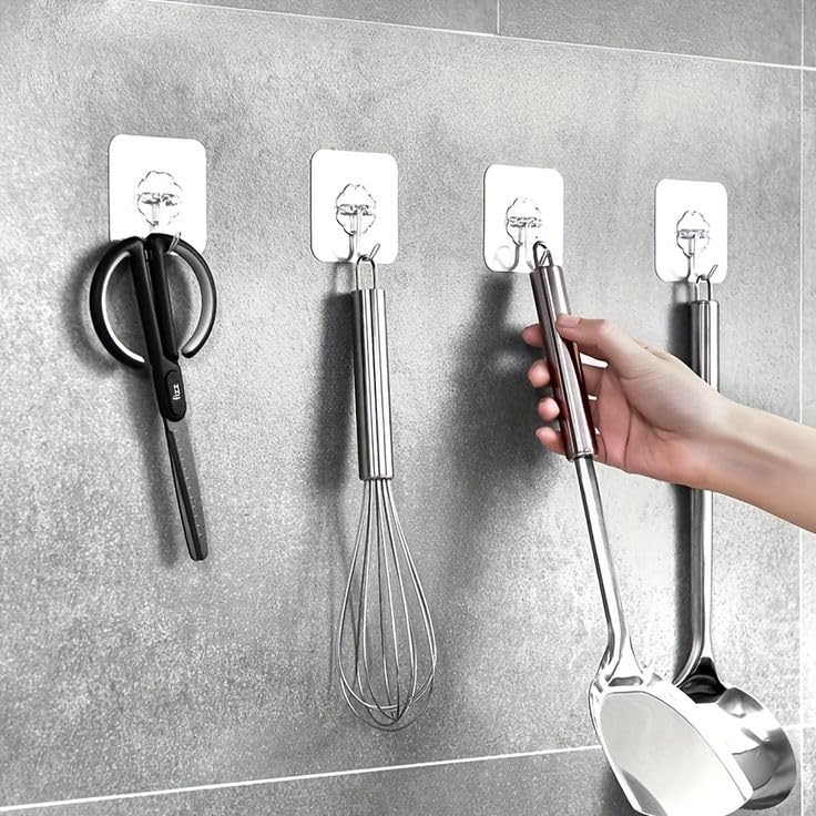 HOMM SelfAdhesive Plastic Hooks for Multipurpose Pack of 20 HeavyDuty Waterproof Removable Plastic Hooks for Bathroom and Kitchen Hanging Racks with Elegant Look No Drill Transparent  - Image 3