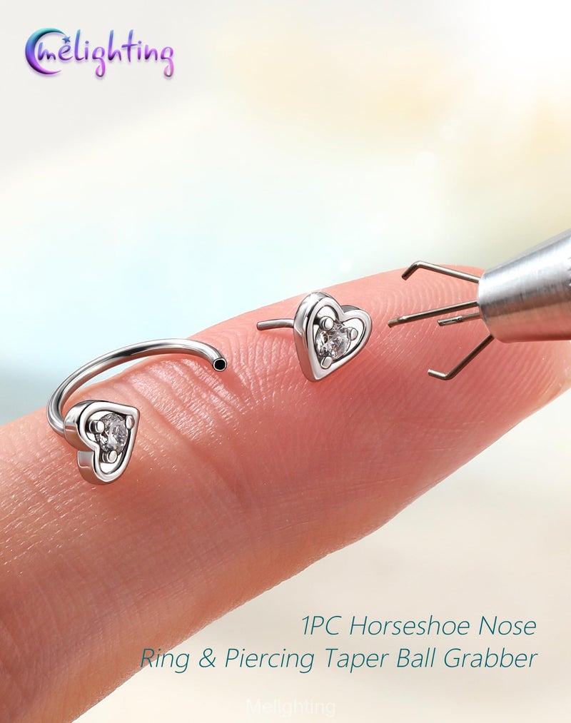 Melighting 20G Horseshoe Nose Ring Hoop, Threadless Push Pin Nose Piercing with Piercing Taper Ball Grabber Tool Set 316L Surgical Steel, Heart CZ Septum Lip Helix Daith Ear Jewelry 8mm - Image 2