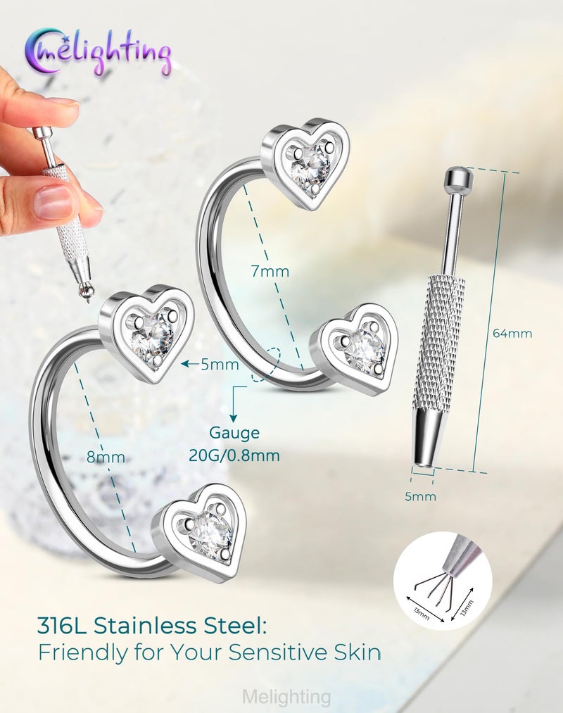 Melighting 20G Horseshoe Nose Ring Hoop, Threadless Push Pin Nose Piercing with Piercing Taper Ball Grabber Tool Set 316L Surgical Steel, Heart CZ Septum Lip Helix Daith Ear Jewelry 8mm - Image 3