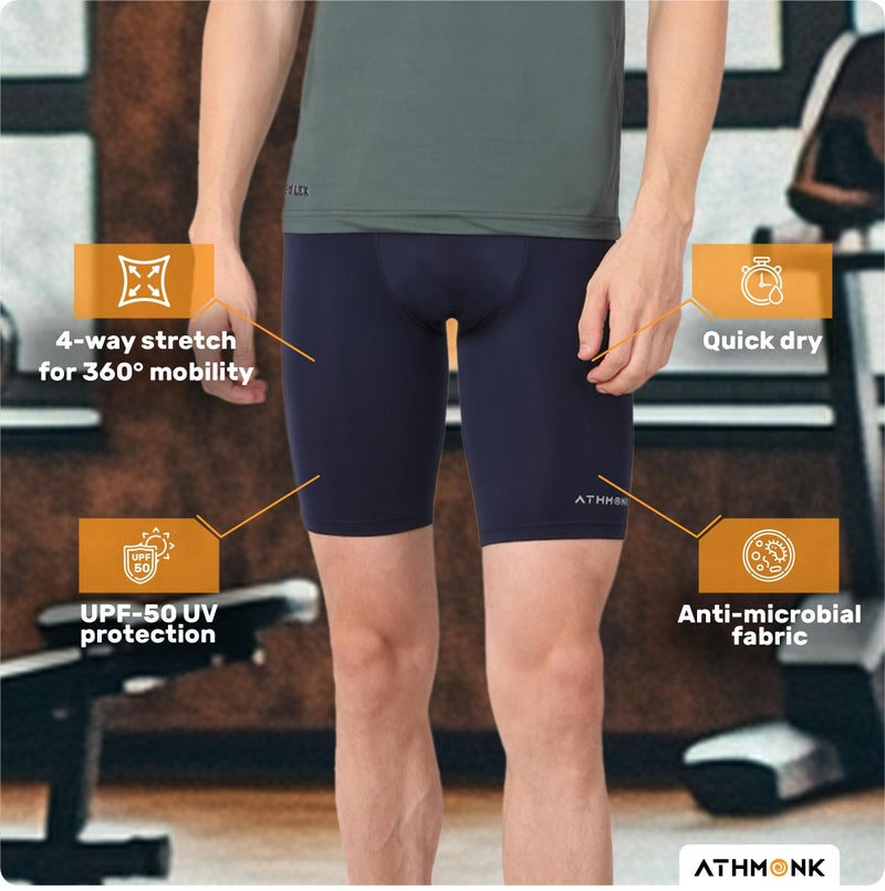 Athmonk 4-Way Lycra Compression Shorts for Men | Tight Skin Fit, Non Padded | Cycling Running Workout Gym Cricket Football Sports | Tummy Tuck Recovery Muscle Support | Quick Dry Anti-Chafe, Navy,M - Image 4