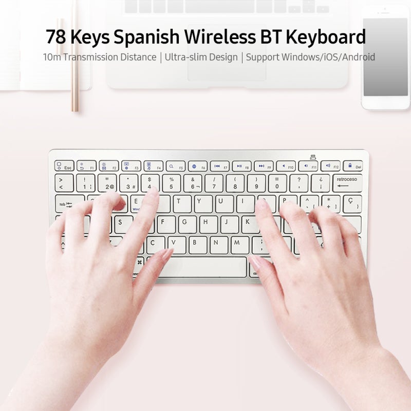 Wireless Keyboard: 78 Keys Silver BT3.0 Chip - 10m Transmission Distance Stable Connection Ergonomic Scissor Foot Structure for Windows Android iOS Systems - Image 4