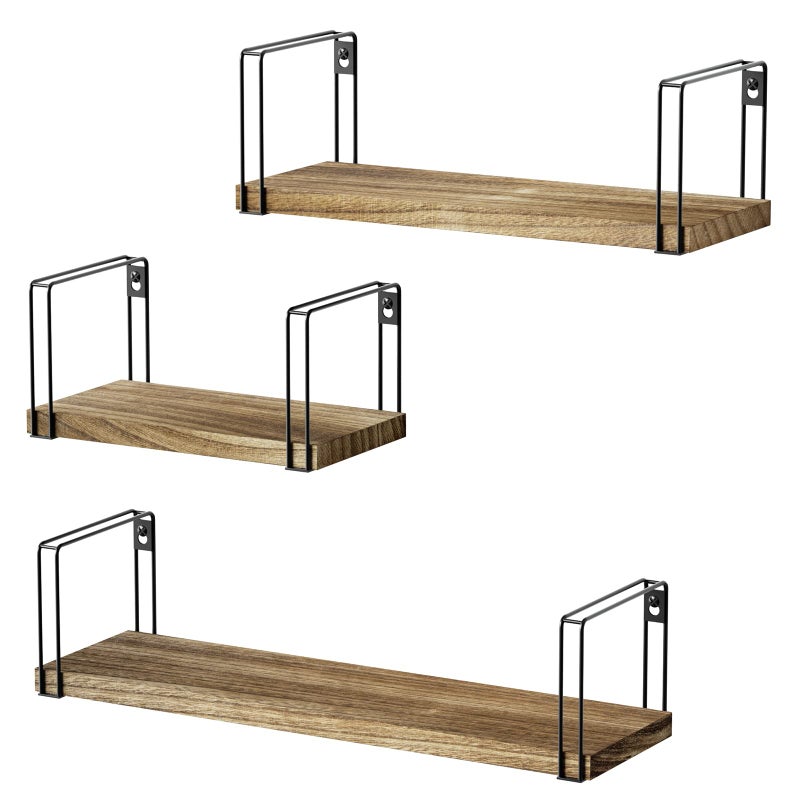 SRIWATANA Rustic Floating Shelves Hanging Shelves Wall Mount Set of 3 17 Inch Wood Shelves for Decor Bedroom Bathroom Laundry Room Living Room Kitchen Office Carbonized Black