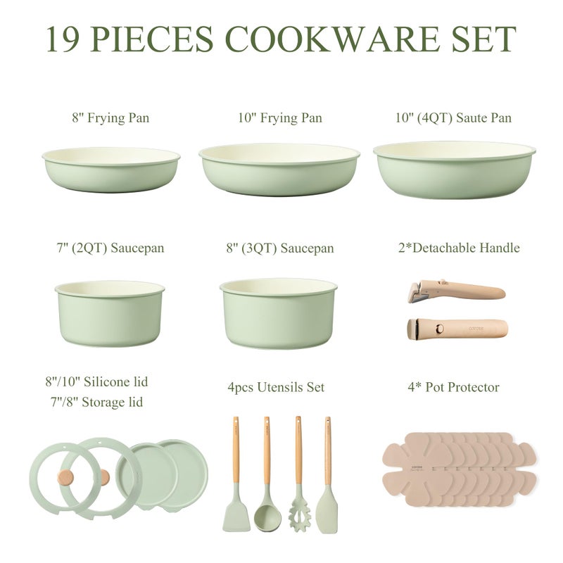 CAROTE Pots and Pans Set, Nonstick Cookware Set Detachable Handle, 19pcs Induction Kitchen Cookware Sets Non Stick with Removable Handle, RV Cookware Set, Oven Safe, Sage Green - Image 2