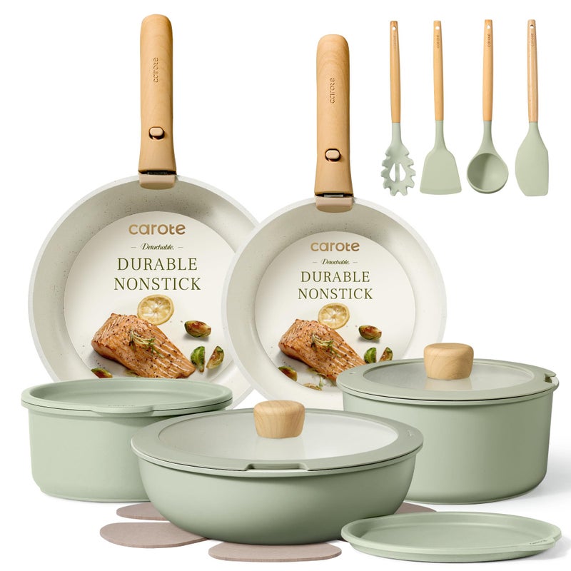 CAROTE Pots and Pans Set, Nonstick Cookware Set Detachable Handle, 19pcs Induction Kitchen Cookware Sets Non Stick with Removable Handle, RV Cookware Set, Oven Safe, Sage Green - Image 1