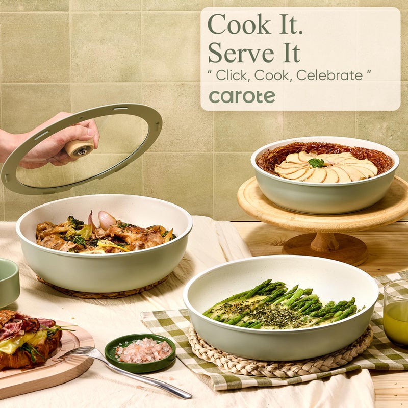 CAROTE Pots and Pans Set, Nonstick Cookware Set Detachable Handle, 19pcs Induction Kitchen Cookware Sets Non Stick with Removable Handle, RV Cookware Set, Oven Safe, Sage Green - Image 4