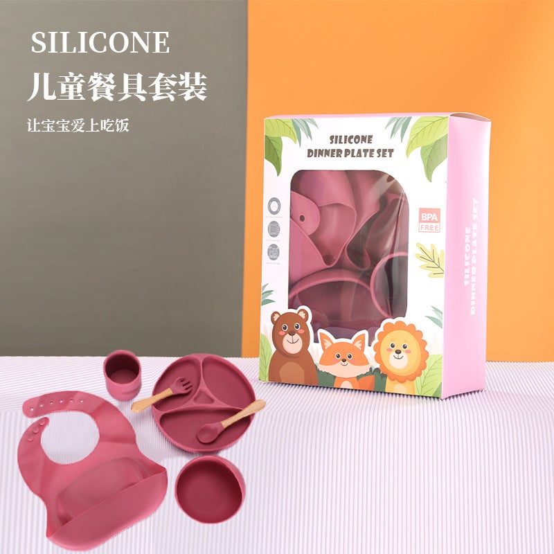 Baby Silicone Tableware Suit Food Grade Silicone Bowl Bib Non-Slip Integrated Food Supplementary Dinner Plate Fork Spoon - Image 2