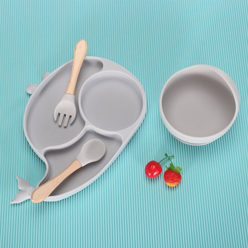 Baby Silicone Tableware Suit Food Grade Silicone Bowl Bib Non-Slip Integrated Food Supplementary Dinner Plate Fork Spoon - Image 1