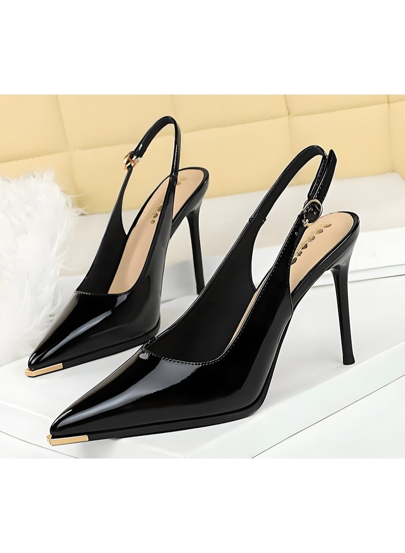 BIGTREE Women's Closed Pointed Toe Pumps Slingback Stiletto High Heel Sandals Black 9.5CM - Image 1
