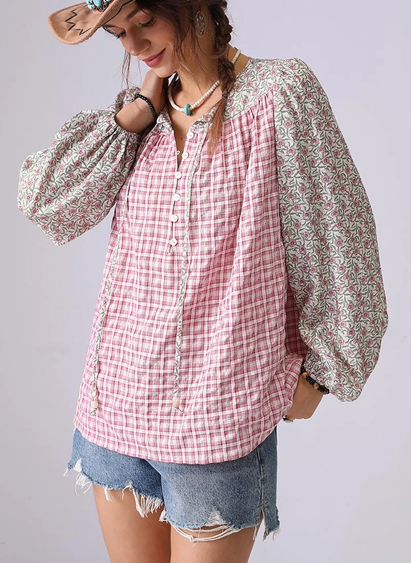 YUNIQEE Red Collarless Puff Sleeves Relaxed Fit Shirt