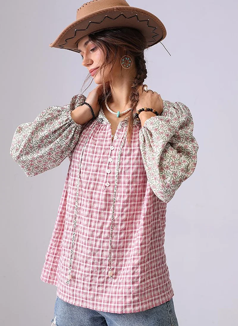 YUNIQEE Red Collarless Puff Sleeves Relaxed Fit Shirt