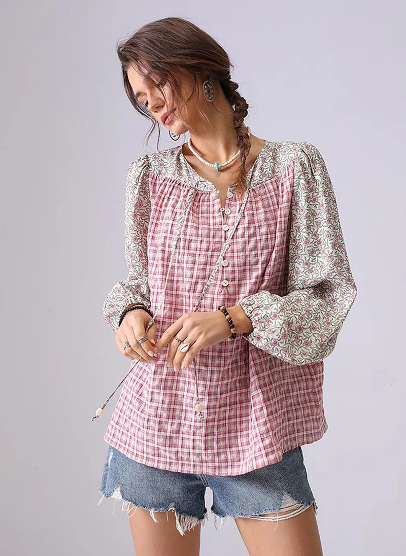 YUNIQEE Red Collarless Puff Sleeves Relaxed Fit Shirt