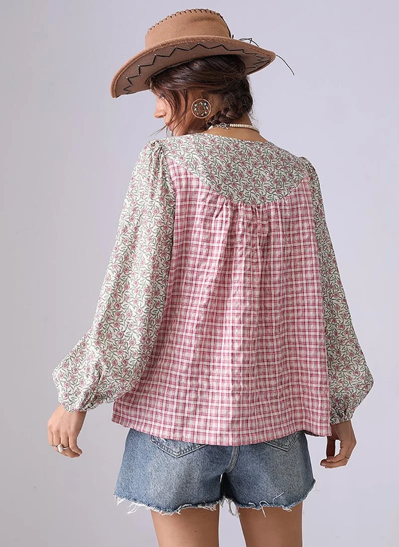 YUNIQEE Red Collarless Puff Sleeves Relaxed Fit Shirt