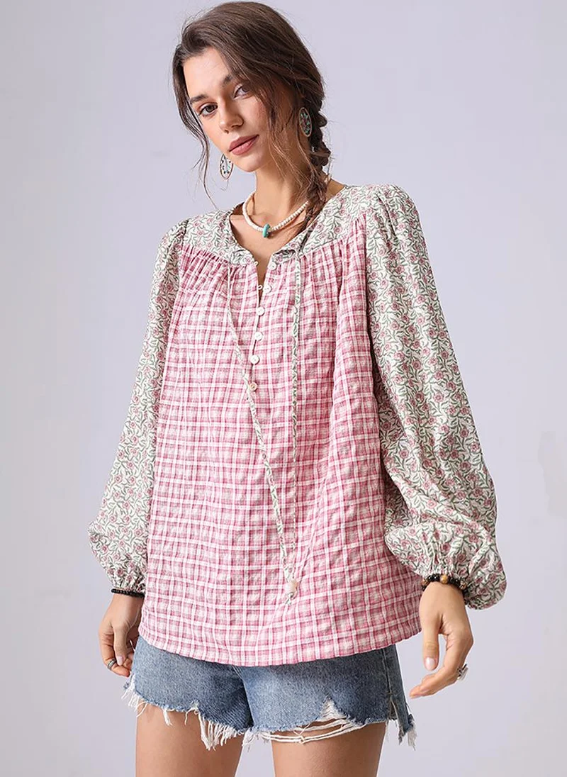 يونيكي Red Collarless Puff Sleeves Relaxed Fit Shirt