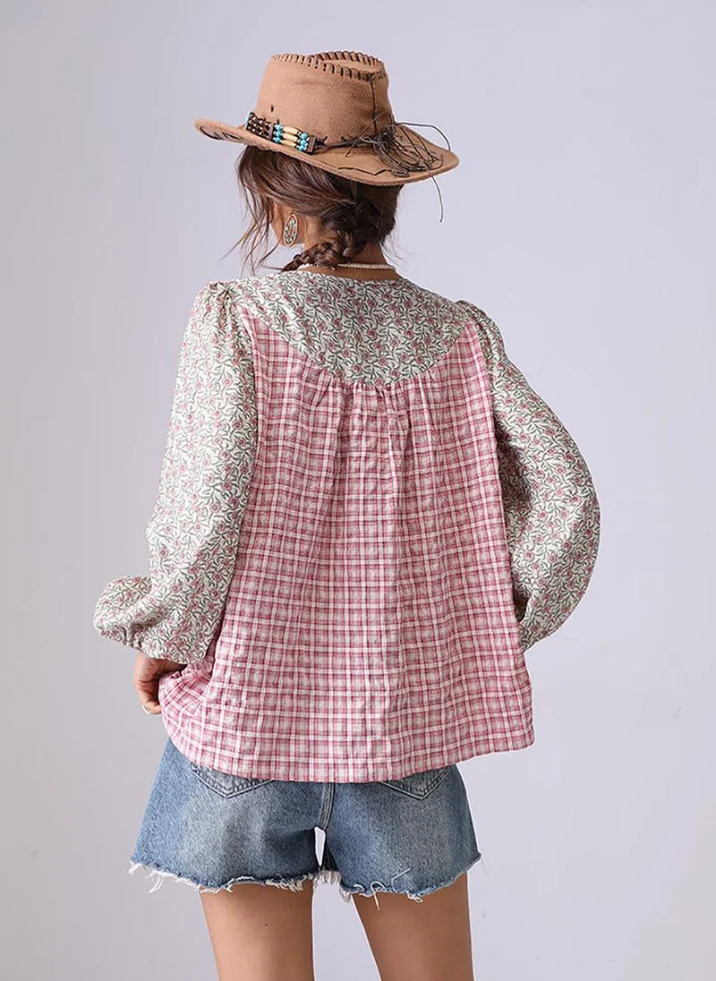يونيكي Red Collarless Puff Sleeves Relaxed Fit Shirt