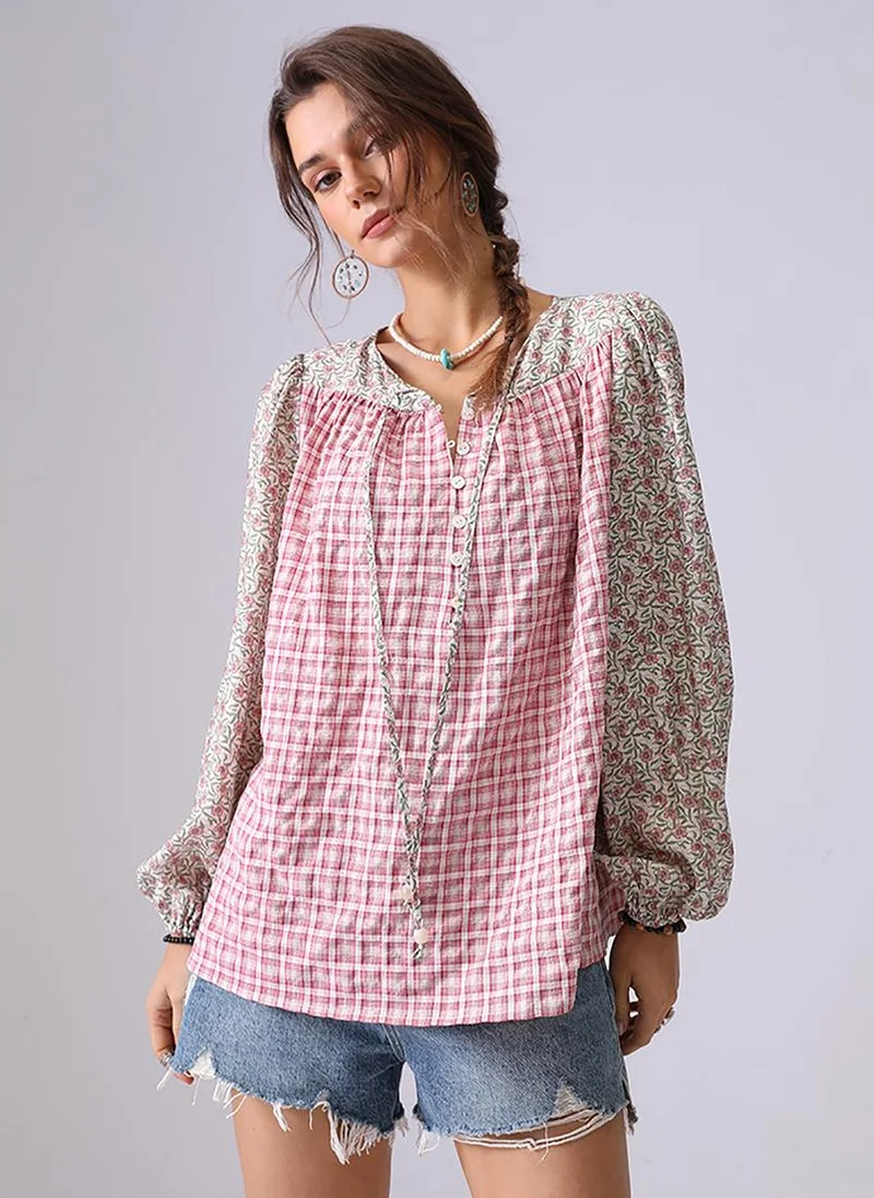 YUNIQEE Red Collarless Puff Sleeves Relaxed Fit Shirt