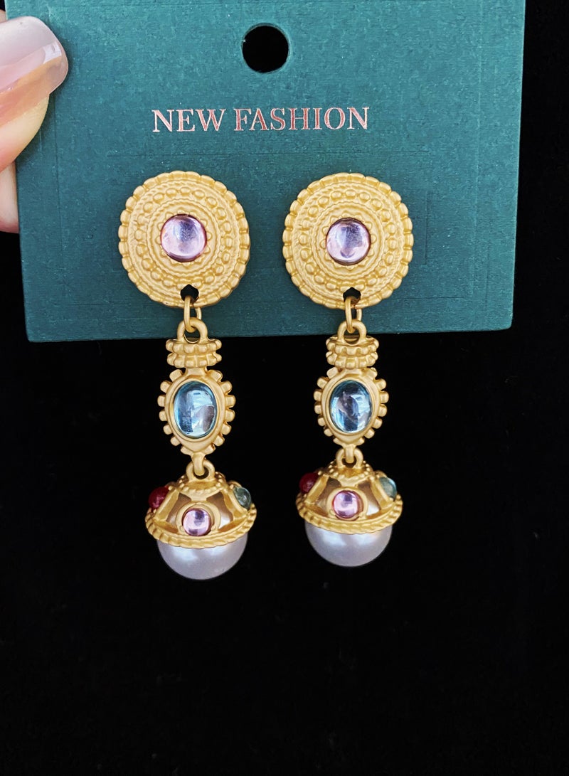 YOJO 925 Sterling Silver Needle Medal Immitation Pearl Round Zirconia Blue Dangle Earrings For Women and Girls Fashion,Comes with A Gift Box Everyday Jewelry  - Image 1