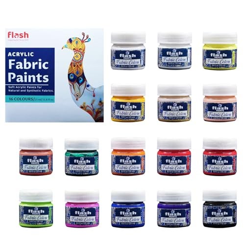 Flash Fabric Color Paint | 25 ml, 7 fl oz Each | High Pigment Strength | Non Fading | Indoor/Outdoor | Non Toxic | Multi-Surface Paint | Made in India (Set of 16-Multicolor) - Image 1