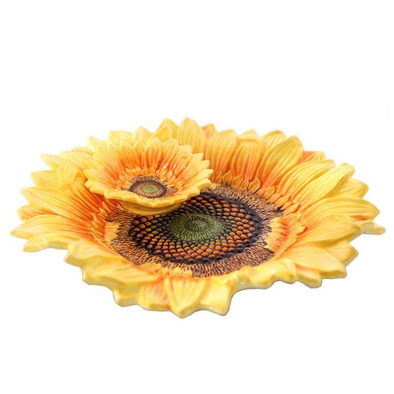 FORLONG Ceramic Chip  Dip Platter11 inches Double Layer Handpainted Yellow Decorated Plate Sunflower