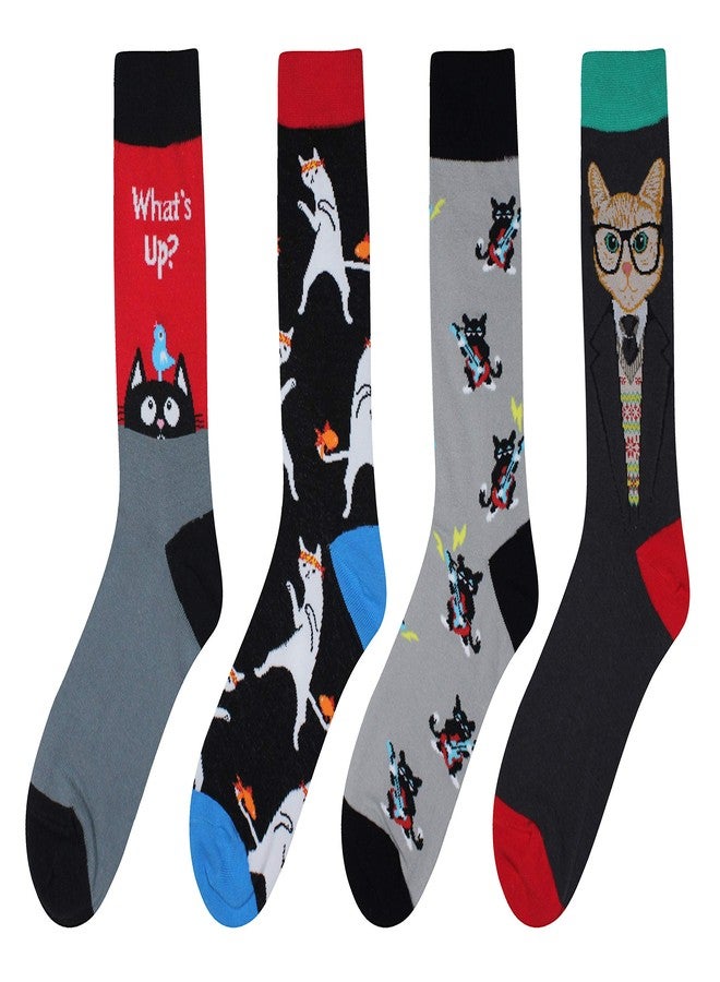 Cansok Men's 4 Packs Cat Socks Gift Fun Crazy Novelty Dress Crew Socks (Music Guitar Dancing Cat) - Image 2