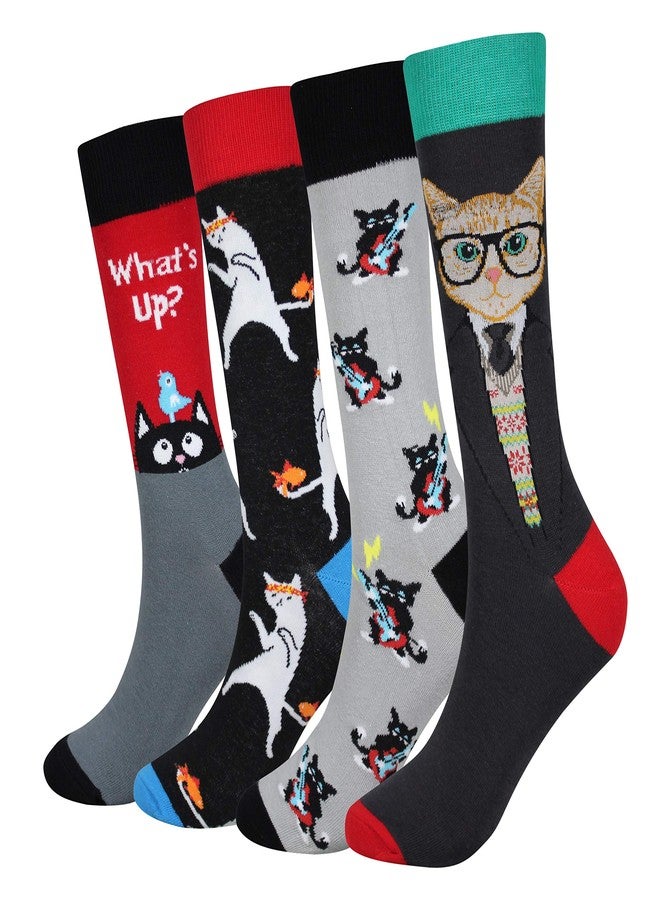 Cansok Men's 4 Packs Cat Socks Gift Fun Crazy Novelty Dress Crew Socks (Music Guitar Dancing Cat) - Image 1