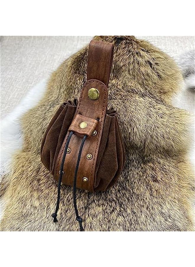 Vintage Medieval Faux Leather Drawstring Pouch, Middle Ages Portable Coin Purse, Rivets Belt Pouch Dice Bag For LARP Ren Faire  - Image 4