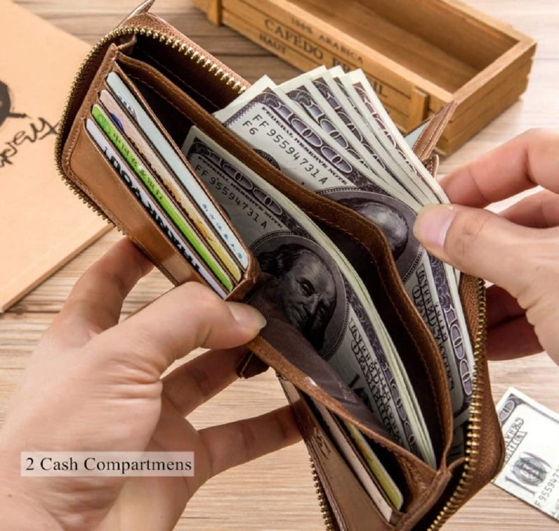 Contacts Men's Genuine Leather Wallet | RFID Blocking Zip Around Bifold Wallet for Men | Up to 11 Card Slots Including 1 ID Window and 2 Bill compartments (Beige) - Image 4